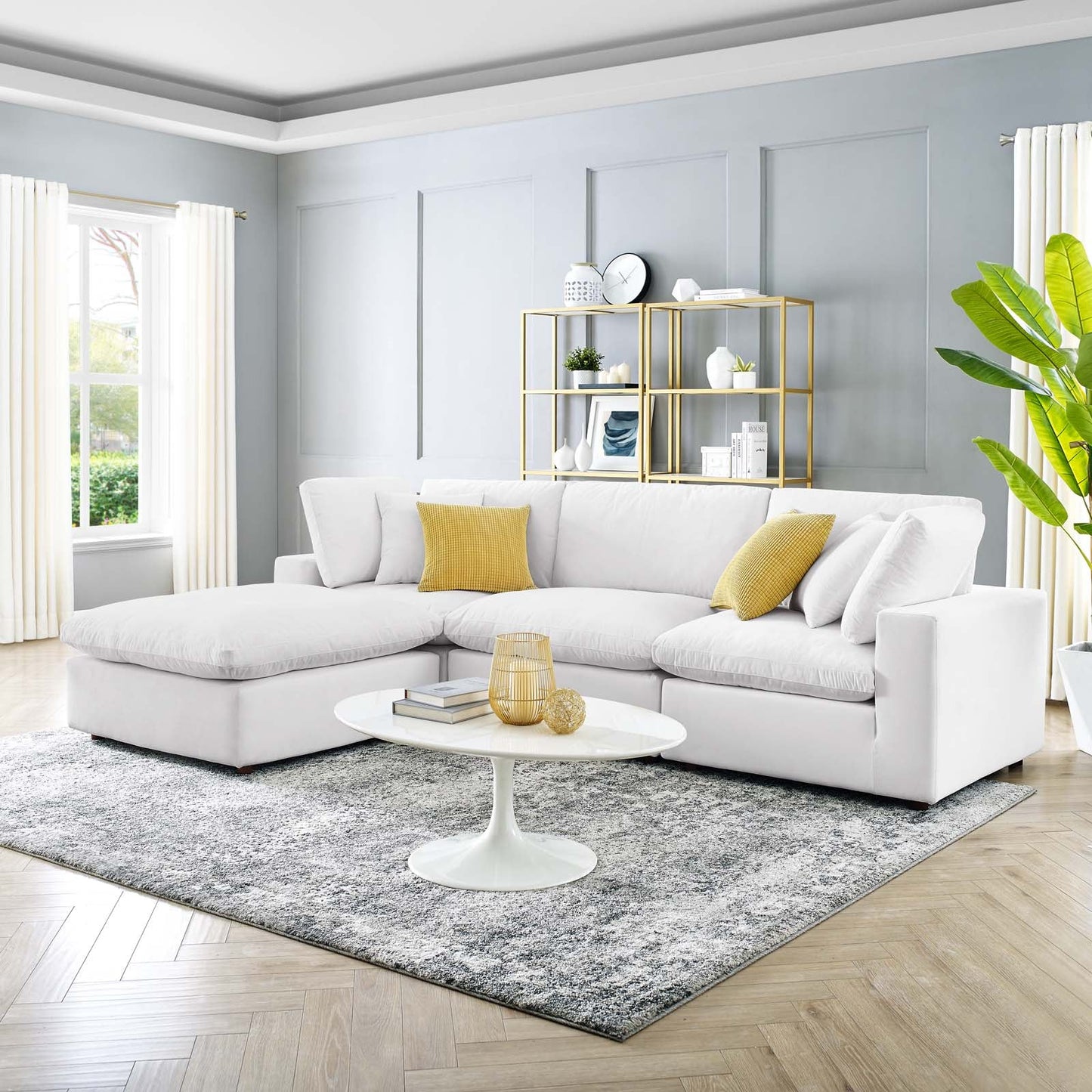 Commix Down Filled Overstuffed Performance Velvet 4-Piece Sectional Sofa White EEI-4818-WHI