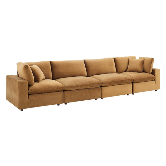 Commix Down Filled Overstuffed Performance Velvet 4-Seater Sofa Cognac EEI-4819-COG