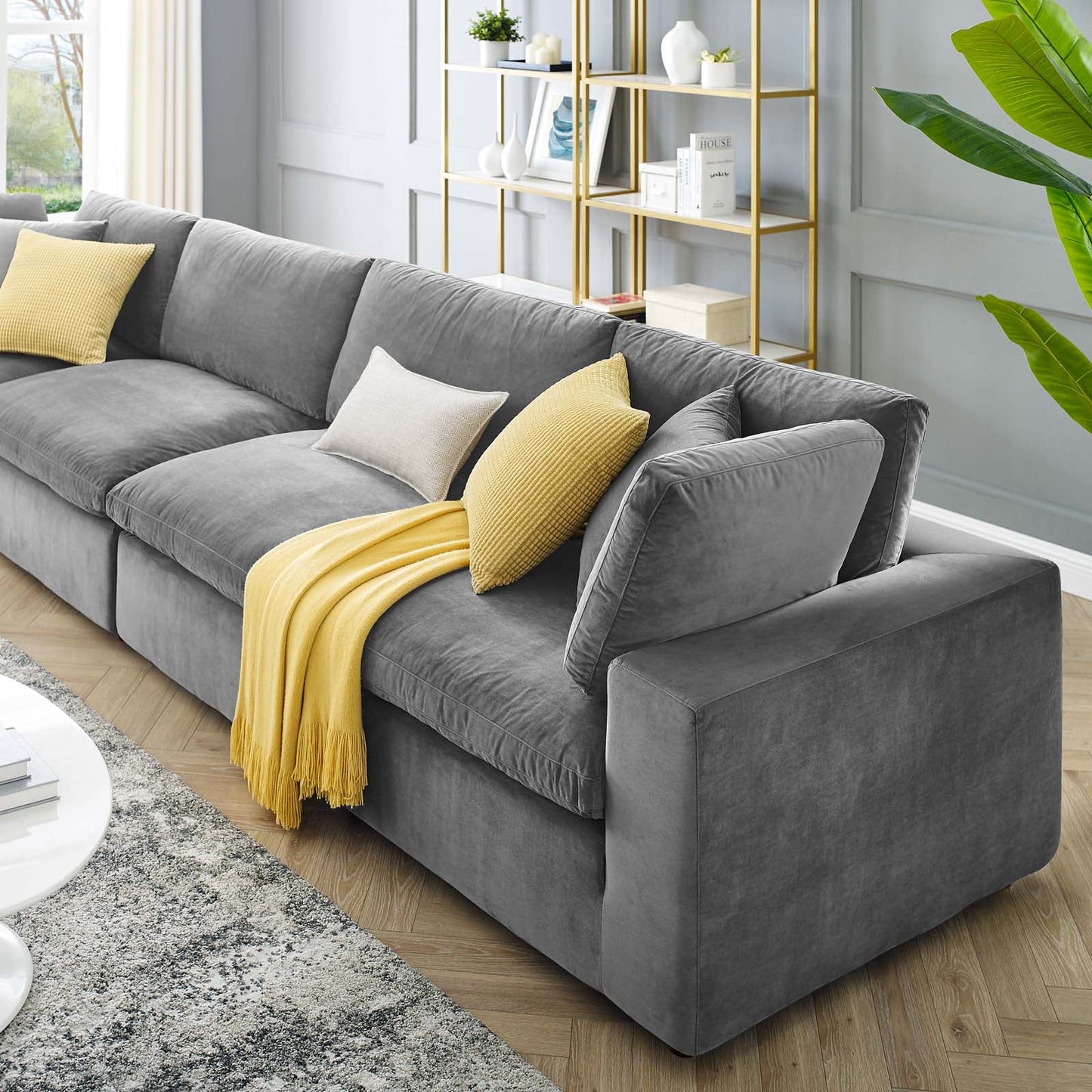 Commix Down Filled Overstuffed Performance Velvet 4-Seater Sofa Gray EEI-4819-GRY