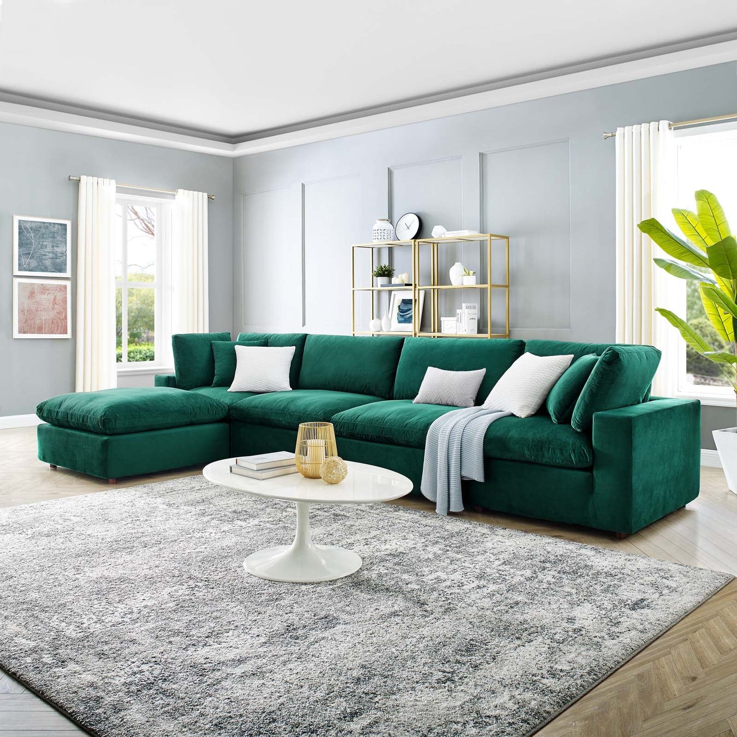 Commix Down Filled Overstuffed Performance Velvet 5-Piece Sectional Sofa Green EEI-4820-GRN