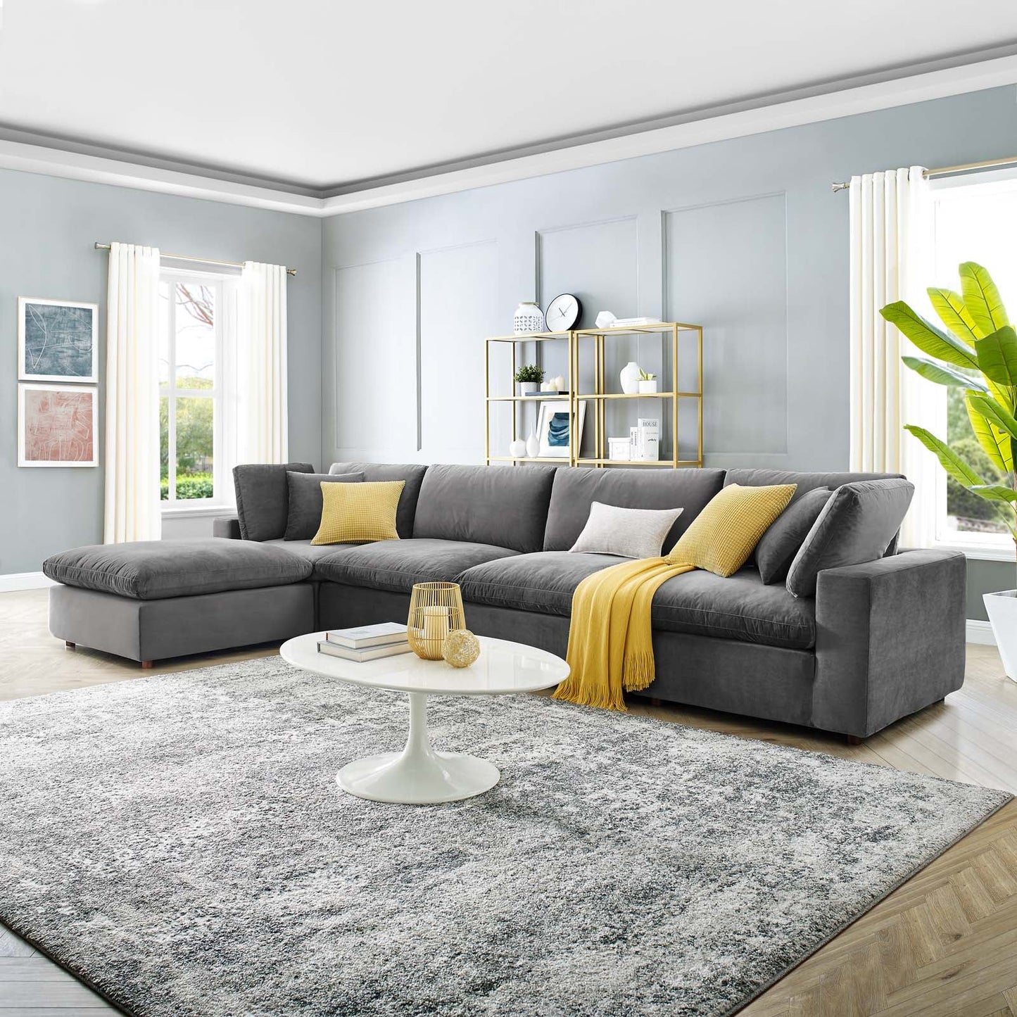 Commix Down Filled Overstuffed Performance Velvet 5-Piece Sectional Sofa Gray EEI-4820-GRY