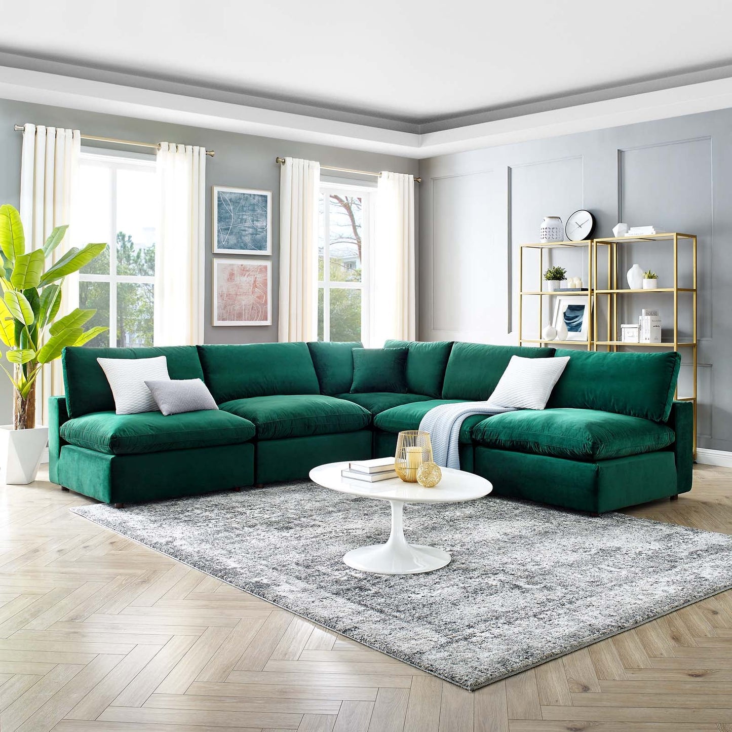 Commix Down Filled Overstuffed Performance Velvet 5-Piece Sectional Sofa Green EEI-4822-GRN