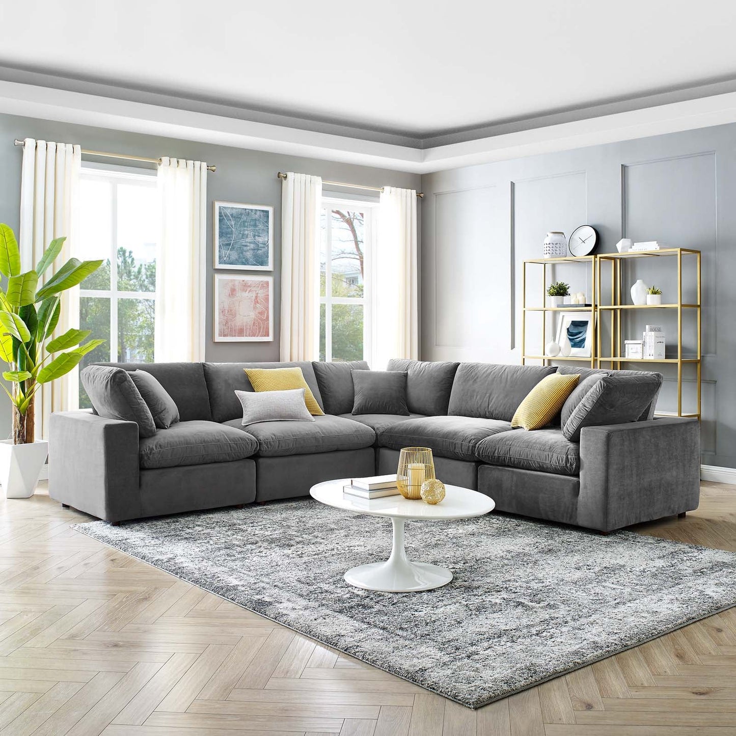 Commix Down Filled Overstuffed Performance Velvet 5-Piece Sectional Sofa Gray EEI-4823-GRY