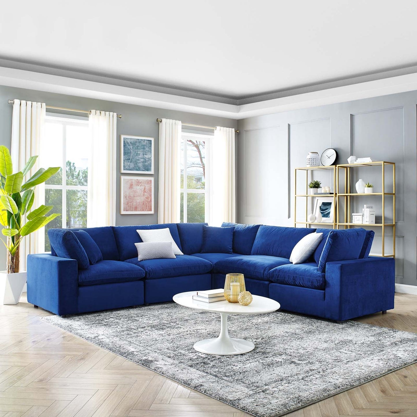 Commix Down Filled Overstuffed Performance Velvet 5-Piece Sectional Sofa Navy EEI-4823-NAV