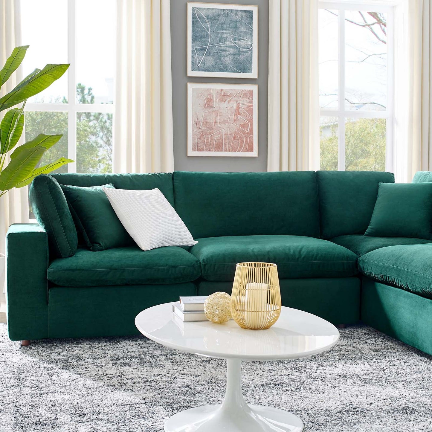 Commix Down Filled Overstuffed Performance Velvet 6-Piece Sectional Sofa Green EEI-4824-GRN