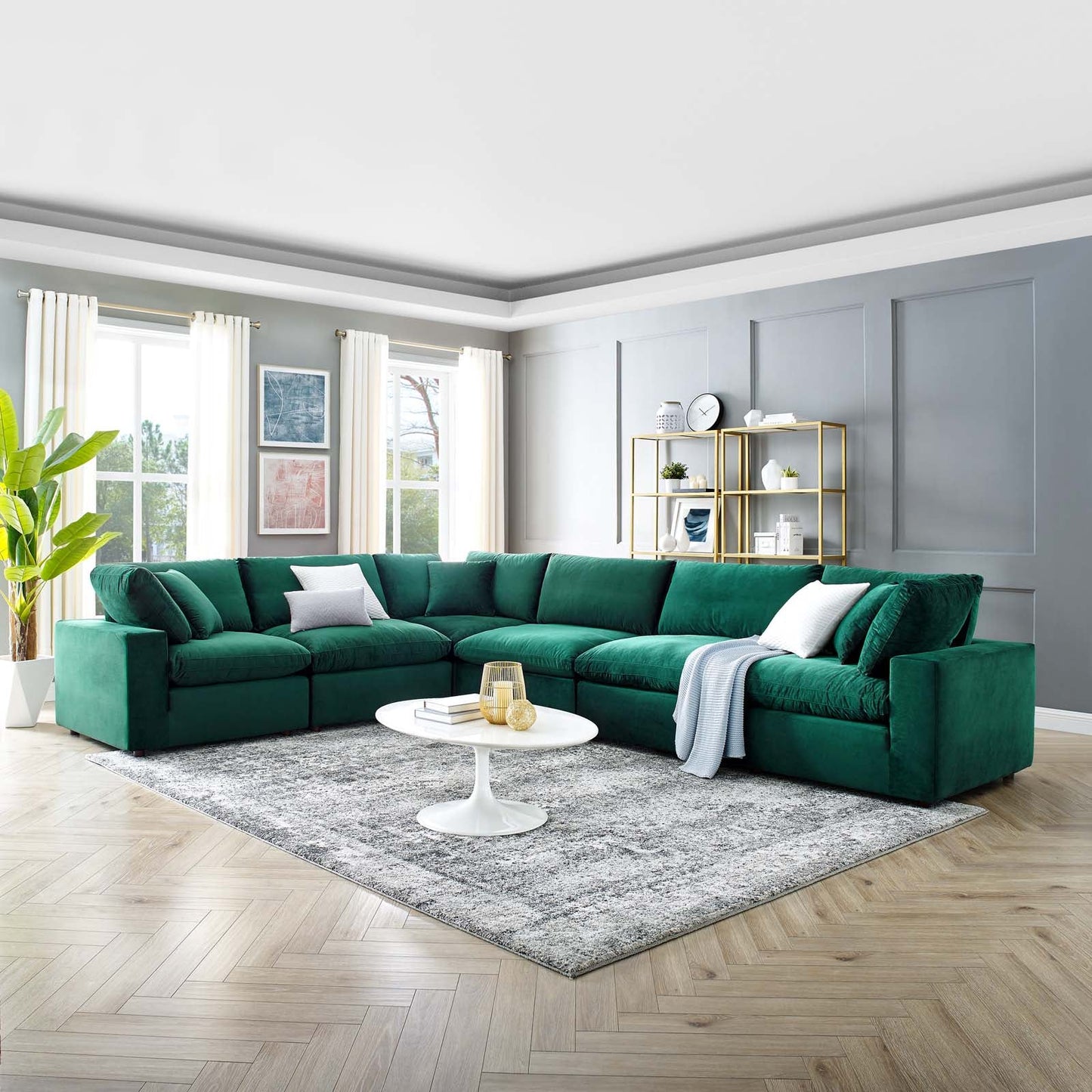 Commix Down Filled Overstuffed Performance Velvet 6-Piece Sectional Sofa Green EEI-4824-GRN