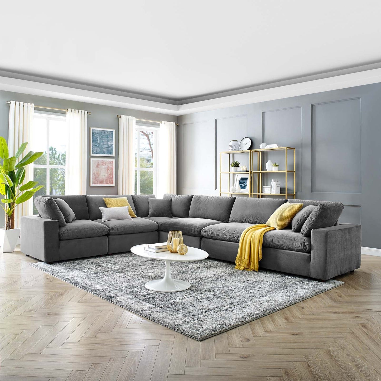 Commix Down Filled Overstuffed Performance Velvet 6-Piece Sectional Sofa Gray EEI-4824-GRY