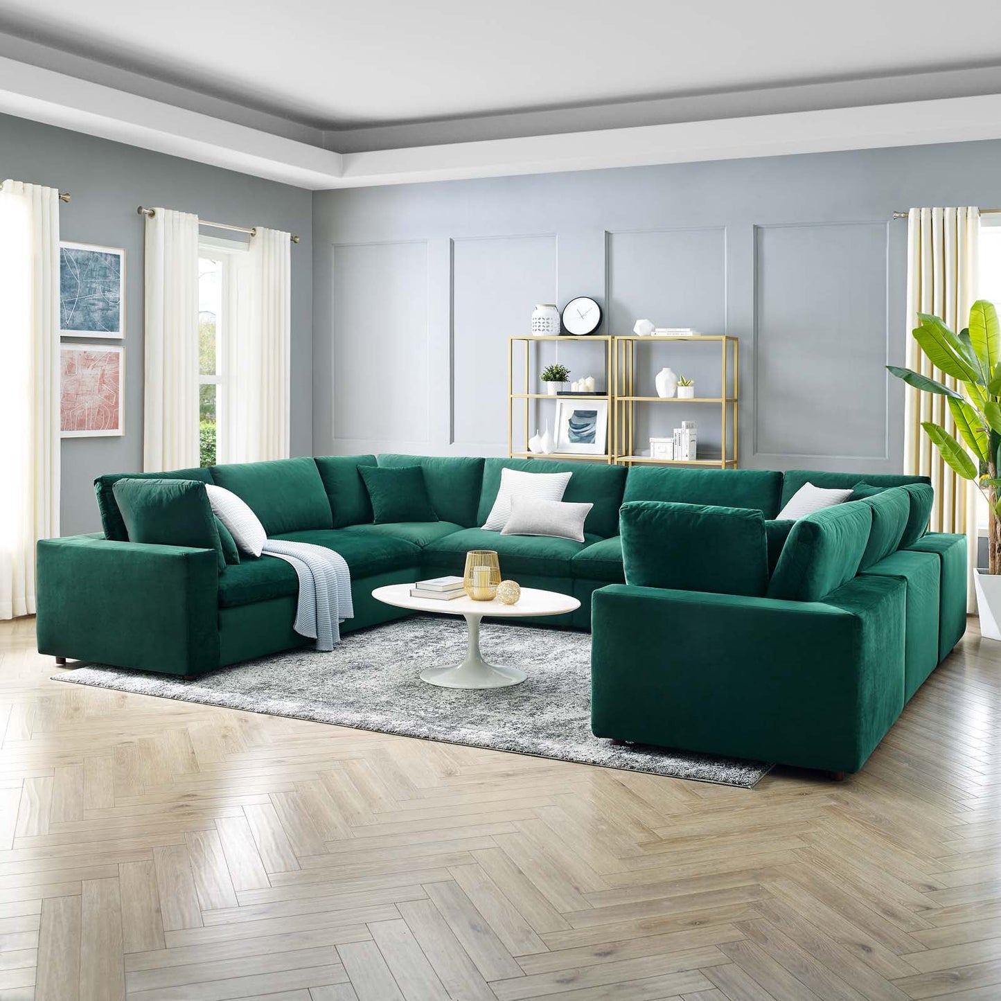 Commix Down Filled Overstuffed Performance Velvet 	8-Piece Sectional Sofa Green EEI-4826-GRN