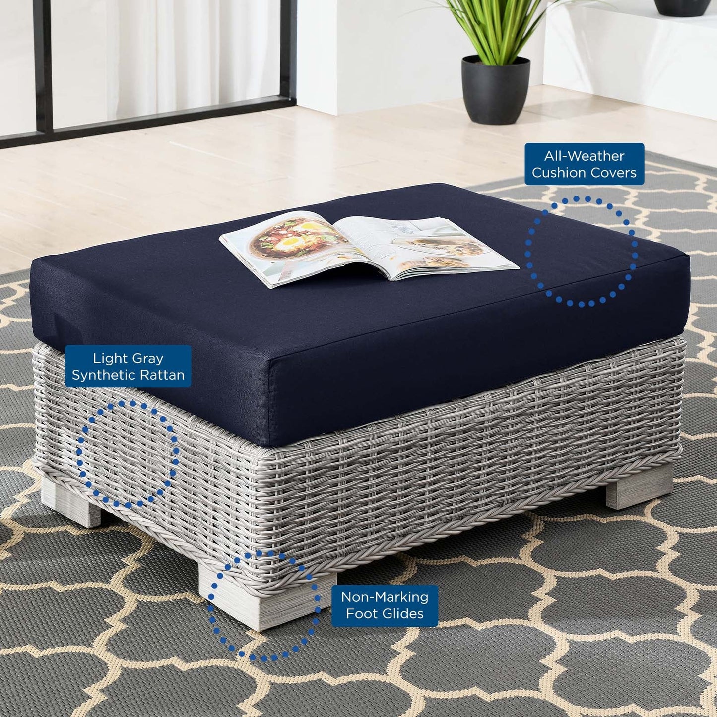 Conway Outdoor Patio Wicker Rattan Ottoman Light Gray Navy EEI-4839-LGR-NAV