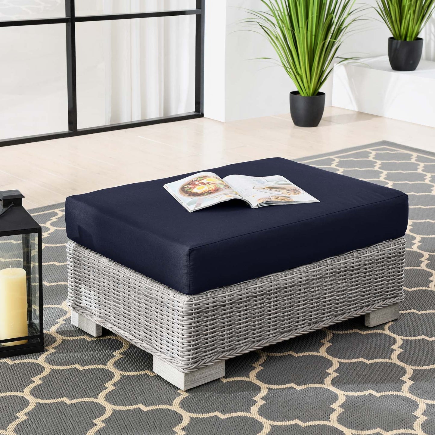 Conway Outdoor Patio Wicker Rattan Ottoman Light Gray Navy EEI-4839-LGR-NAV