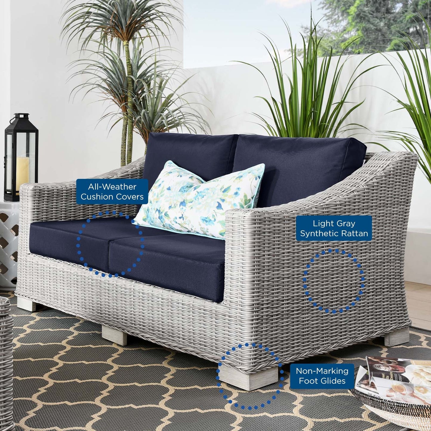 Conway Outdoor Patio Wicker Rattan Loveseat Light Gray Navy EEI-4841-LGR-NAV