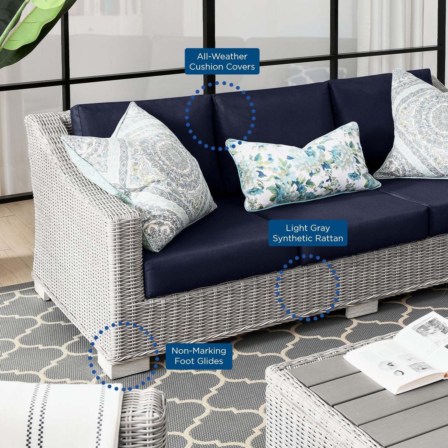 Conway Outdoor Patio Wicker Rattan Sofa Light Gray Navy EEI-4842-LGR-NAV