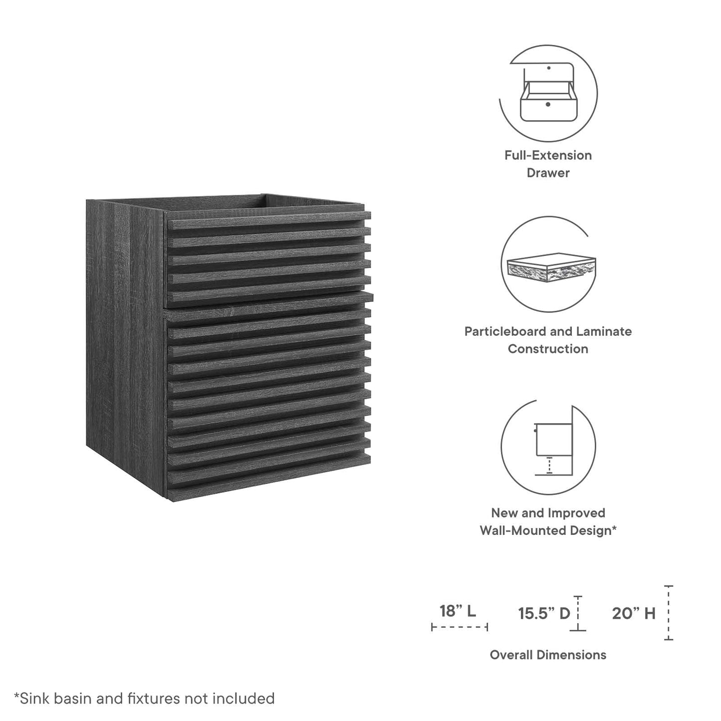 Render 18" Wall-Mount Bathroom Vanity Cabinet (Sink Basin Not Included) Charcoal EEI-4848-CHA