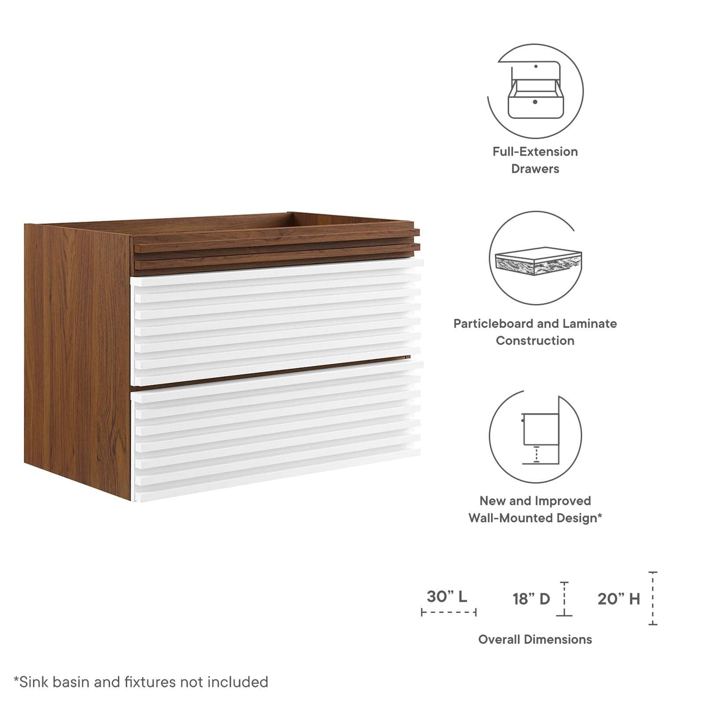 Render 30" Wall-Mount Bathroom Vanity Cabinet (Sink Basin Not Included) White Walnut EEI-4850-WHI-WAL