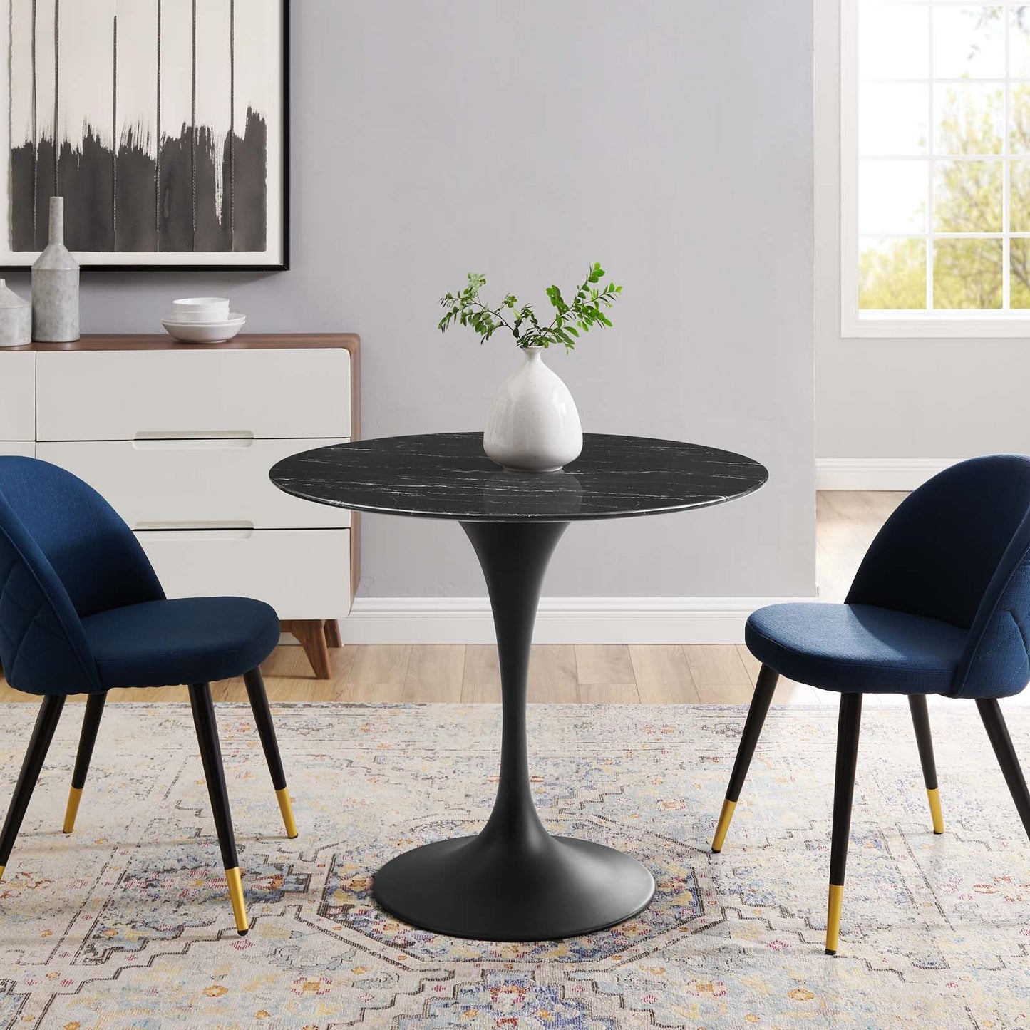 Lippa 36" Artificial Marble Dining Table Black Black EEI-4868-BLK-BLK