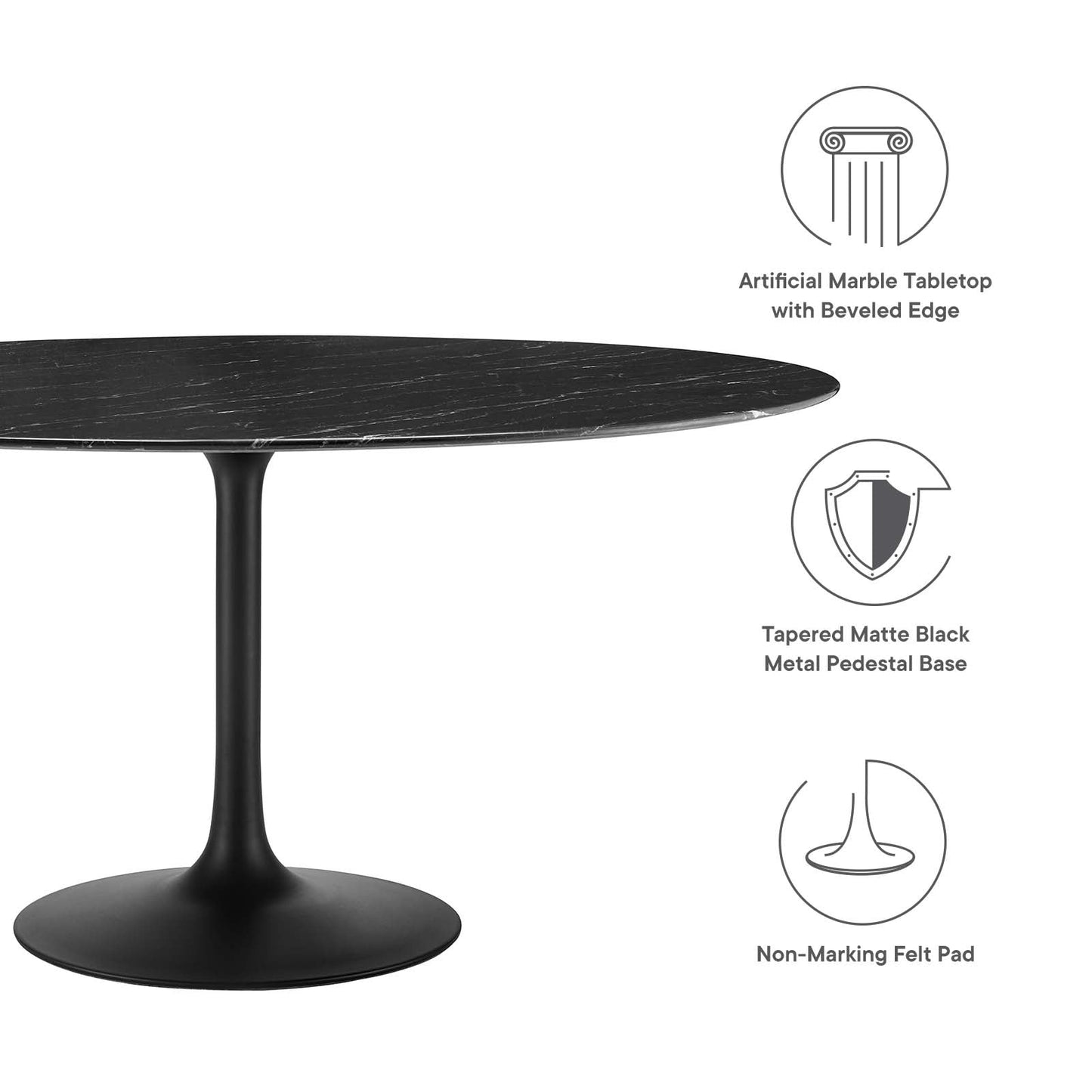 Lippa 60" Round Artificial Marble Dining Table Black Black EEI-4879-BLK-BLK