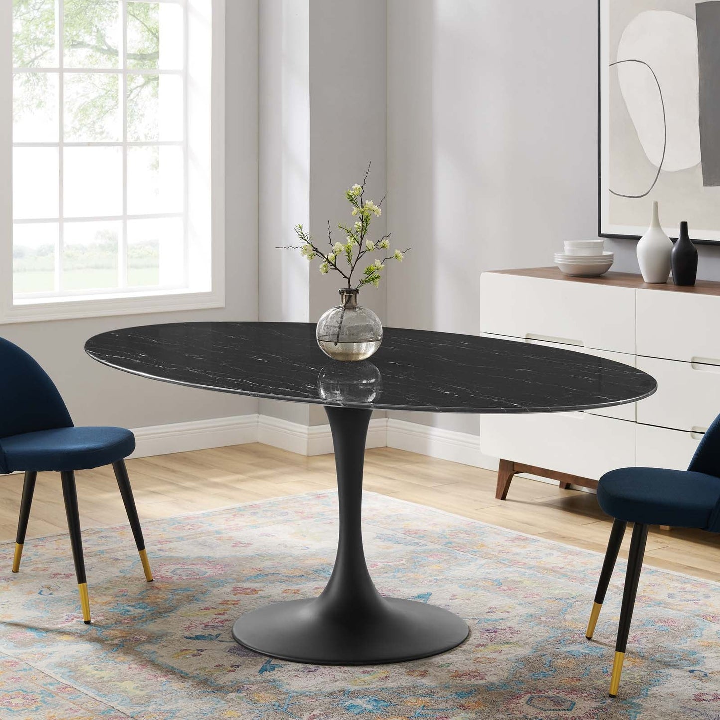 Lippa 78" Oval Artificial Marble Dining Table Black Black EEI-4889-BLK-BLK