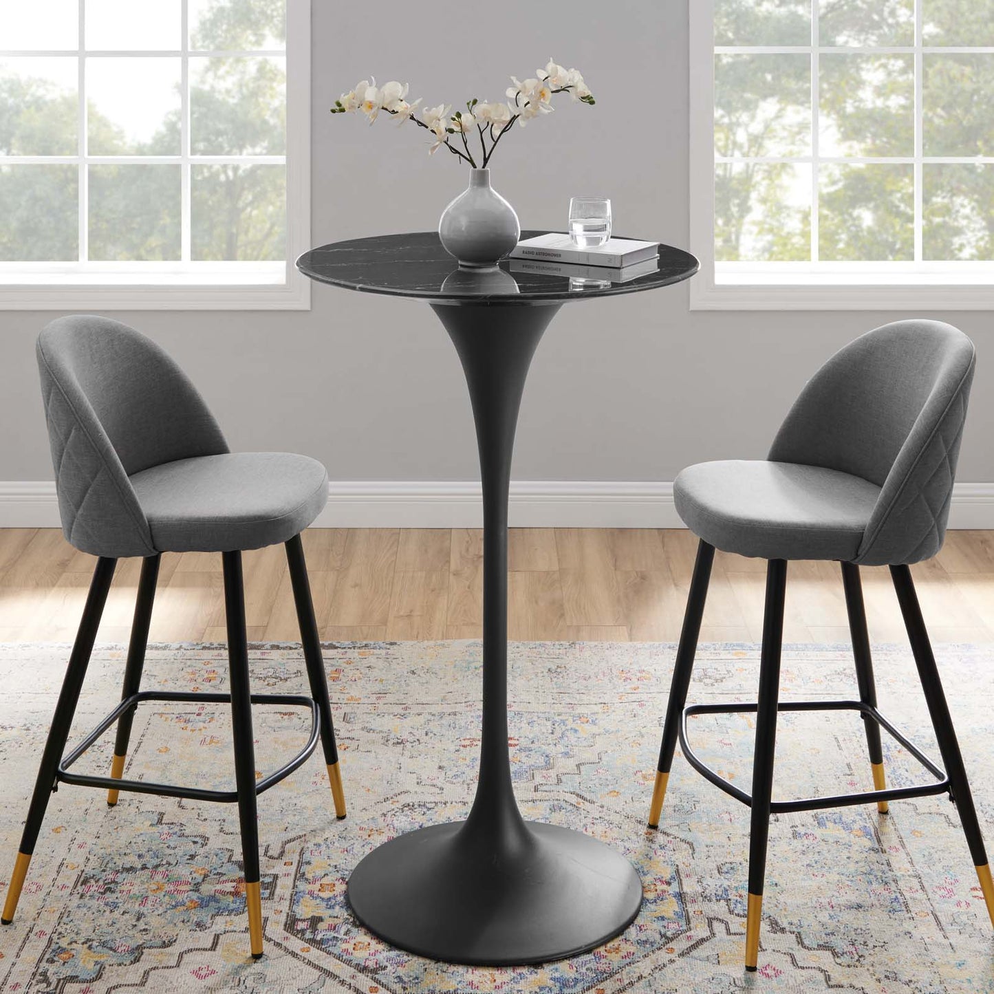 Lippa 28" Artificial Marble Bar Table Black Black EEI-4892-BLK-BLK