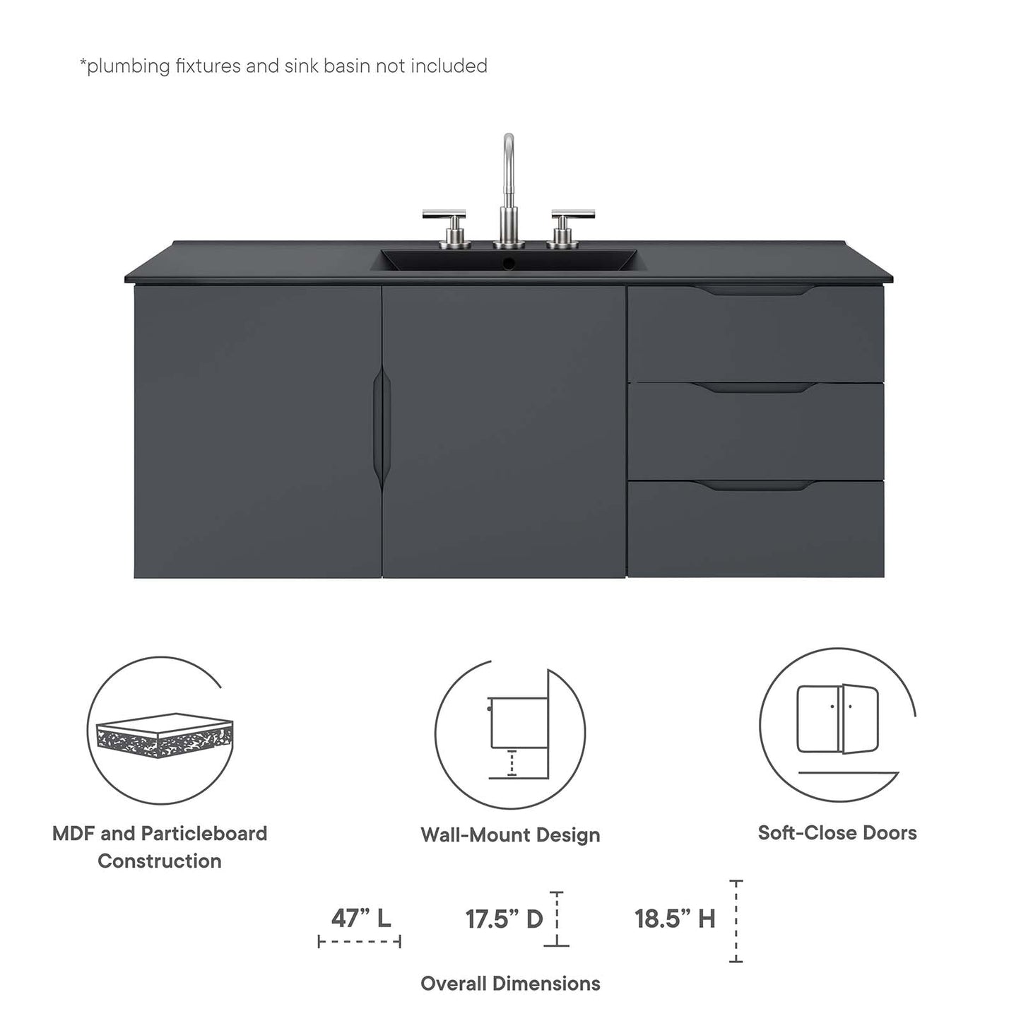 Vitality 48" Double or Single Sink Compatible (Not Included) Bathroom Vanity Cabinet Gray EEI-4895-GRY