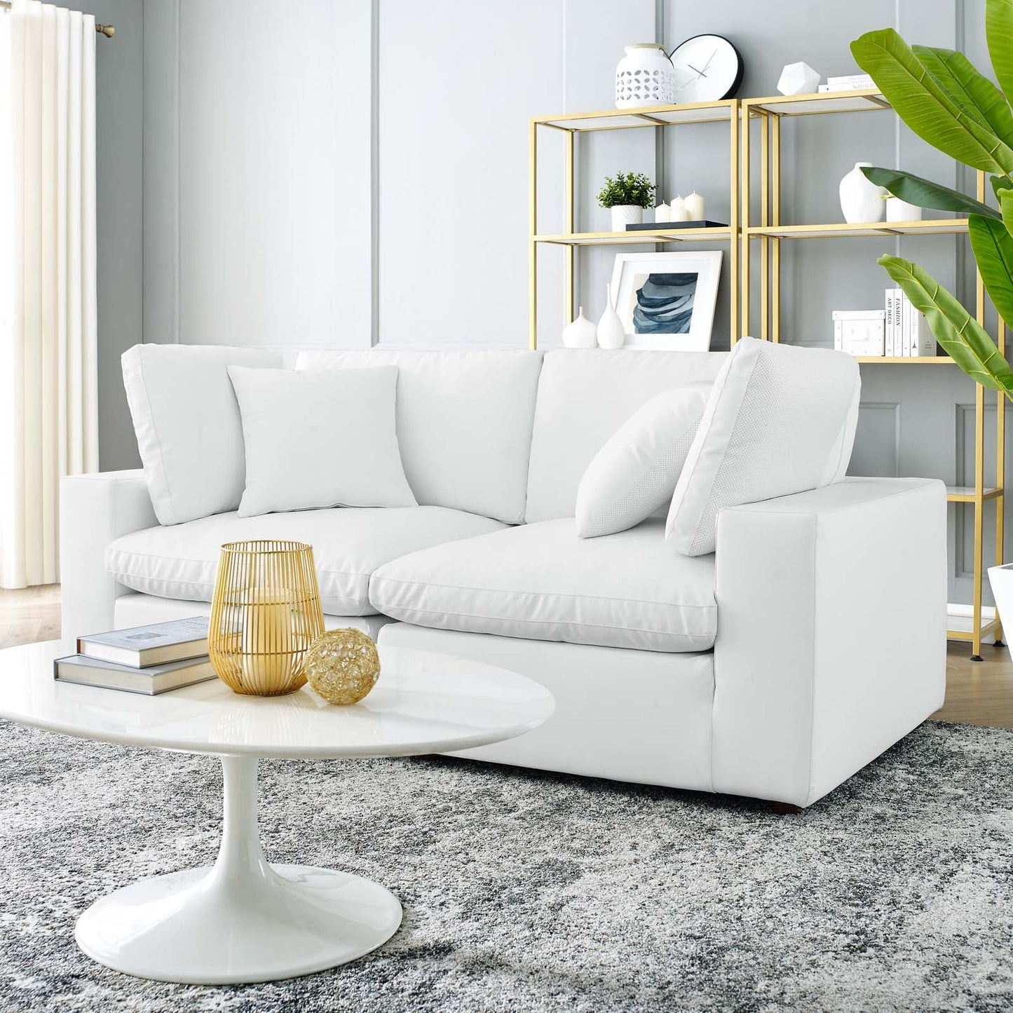 Commix Down Filled Overstuffed Vegan Leather Loveseat White EEI-4913-WHI