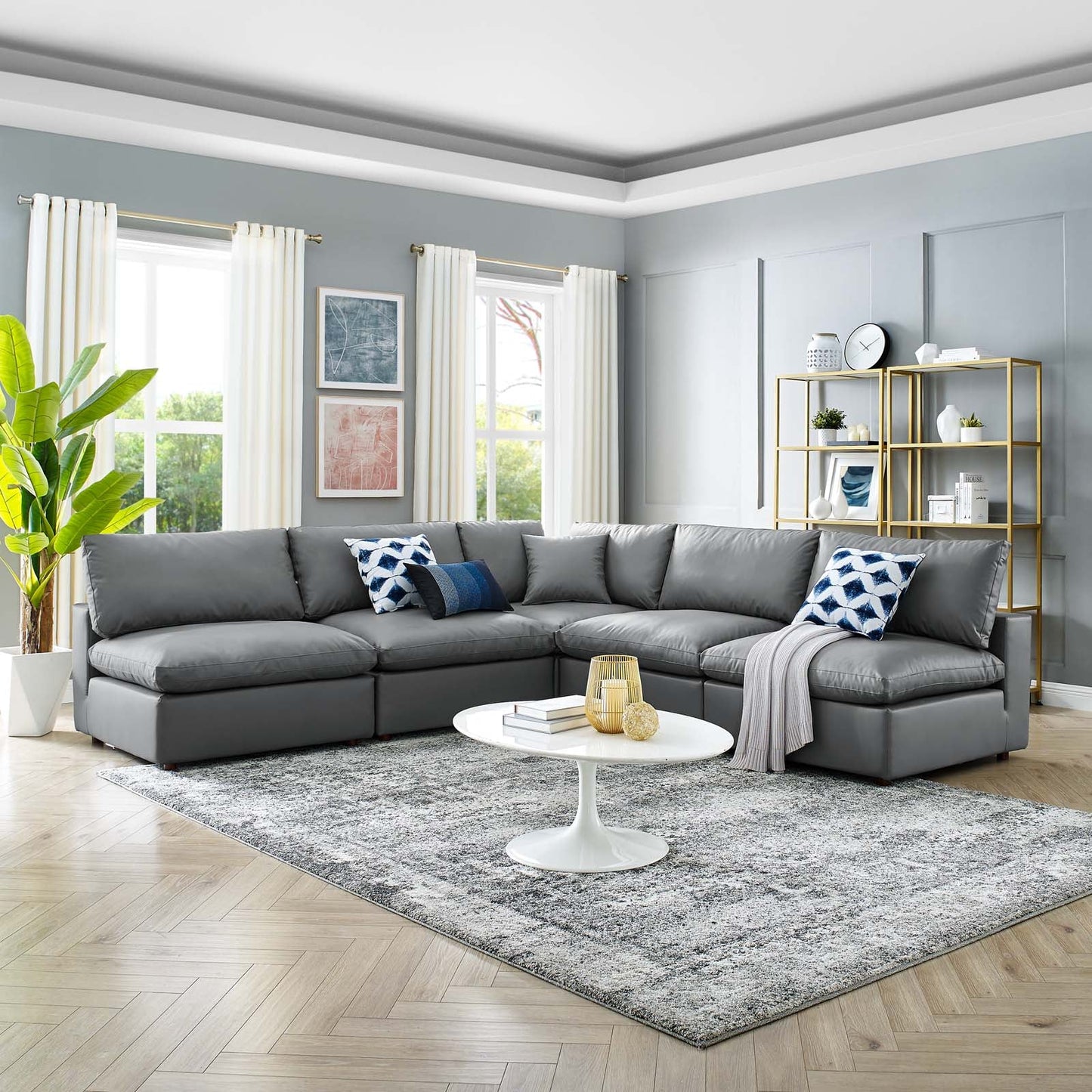 Commix Down Filled Overstuffed Vegan Leather 5-Piece Sectional Sofa Gray EEI-4919-GRY