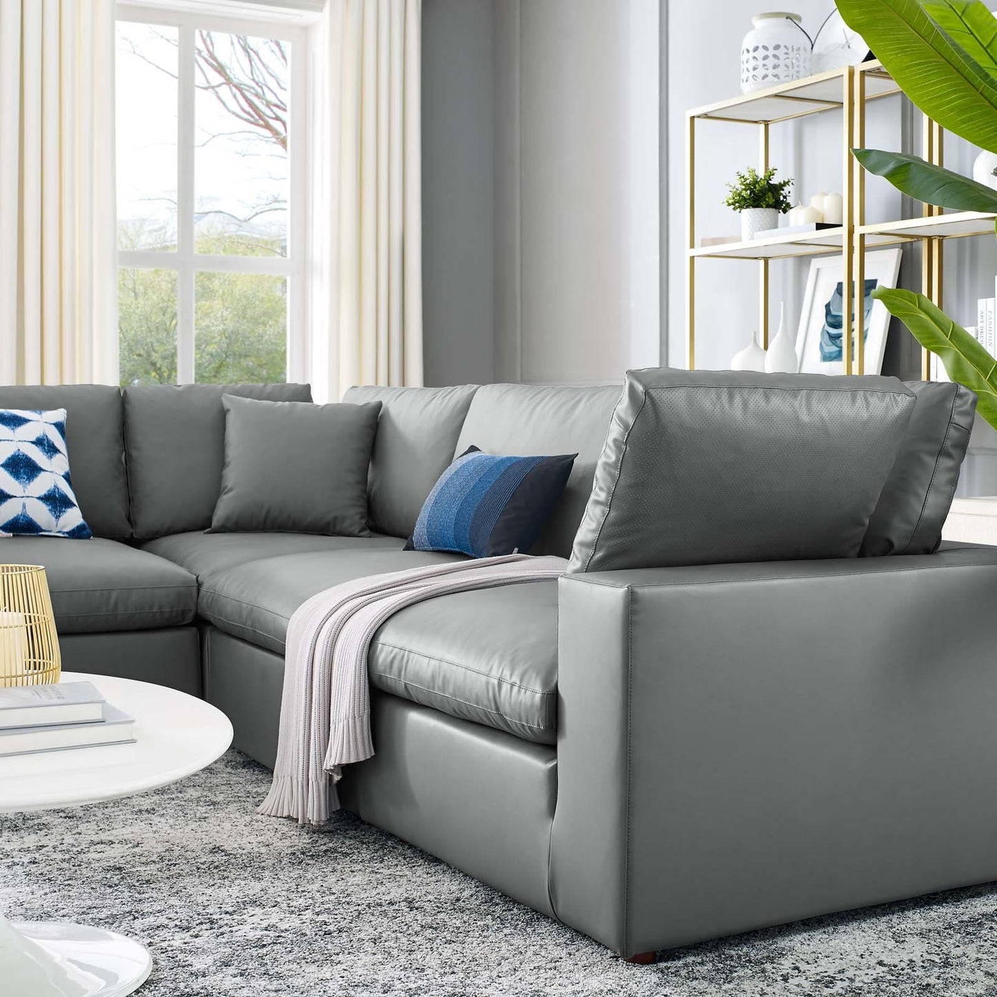 Commix Down Filled Overstuffed Vegan Leather 5-Piece Sectional Sofa Gray EEI-4920-GRY