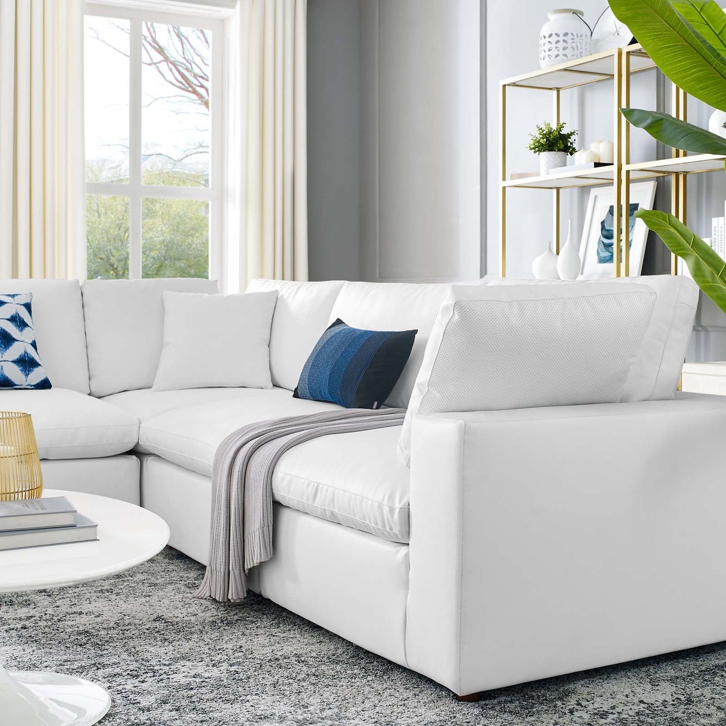 Commix Down Filled Overstuffed Vegan Leather 5-Piece Sectional Sofa White EEI-4920-WHI