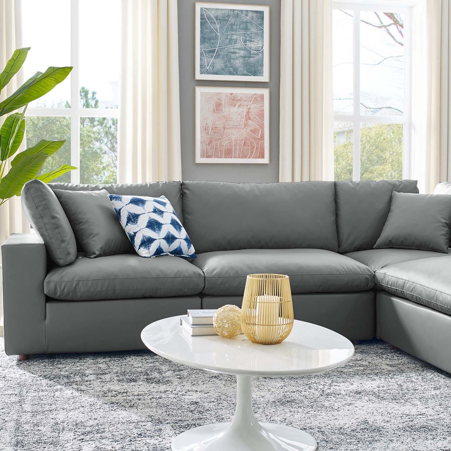 Commix Down Filled Overstuffed Vegan Leather 6-Piece Sectional Sofa Gray EEI-4921-GRY