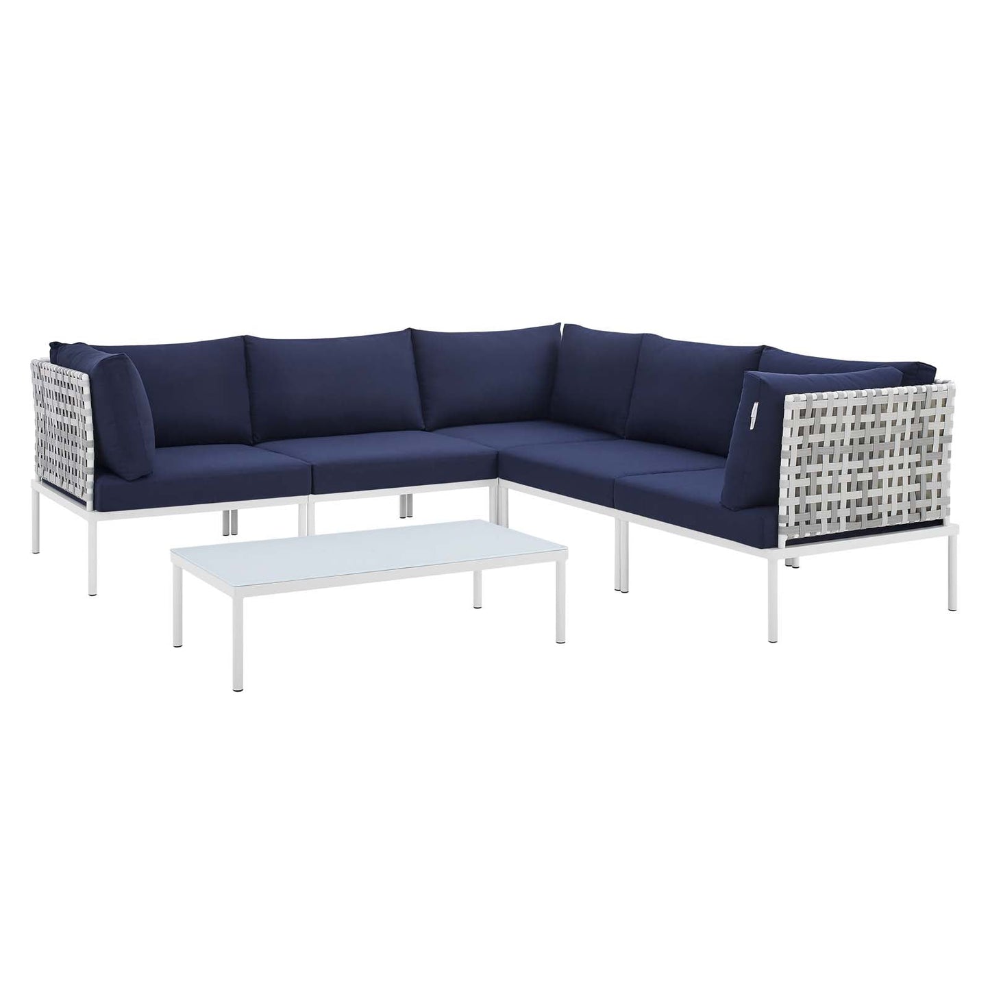 Harmony 6-Piece  Sunbrella® Basket Weave Outdoor Patio Aluminum Sectional Sofa Set Taupe Navy EEI-4926-TAU-NAV-SET