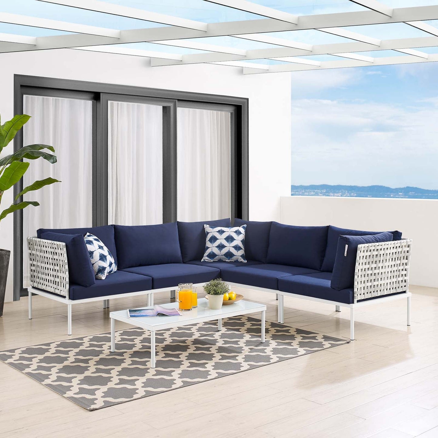 Harmony 6-Piece  Sunbrella® Basket Weave Outdoor Patio Aluminum Sectional Sofa Set Taupe Navy EEI-4926-TAU-NAV-SET