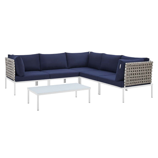 Harmony 6-Piece  Sunbrella® Basket Weave Outdoor Patio Aluminum Sectional Sofa Set Tan Navy EEI-4927-TAN-NAV-SET