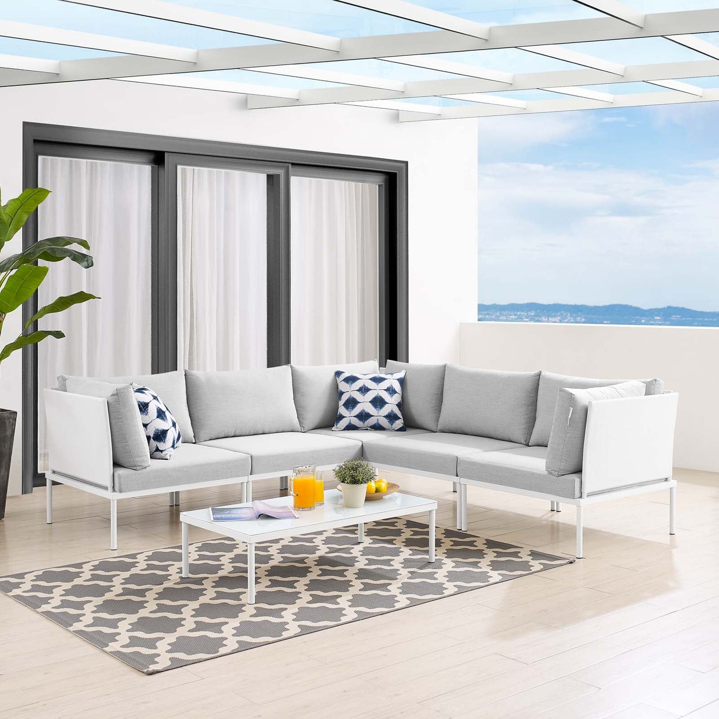 Harmony 6-Piece  Sunbrella® Outdoor Patio Aluminum Sectional Sofa Set White Gray EEI-4928-WHI-GRY-SET