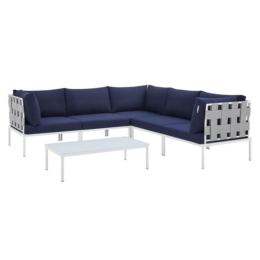 Harmony 6-Piece  Sunbrella® Outdoor Patio Aluminum Sectional Sofa Set Gray Navy EEI-4929-GRY-NAV-SET