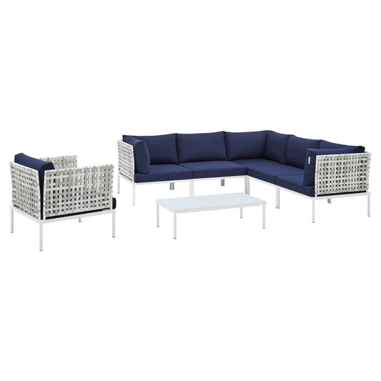 Harmony 7-Piece  Sunbrella® Basket Weave Outdoor Patio Aluminum Sectional Sofa Set Taupe Navy EEI-4934-TAU-NAV-SET