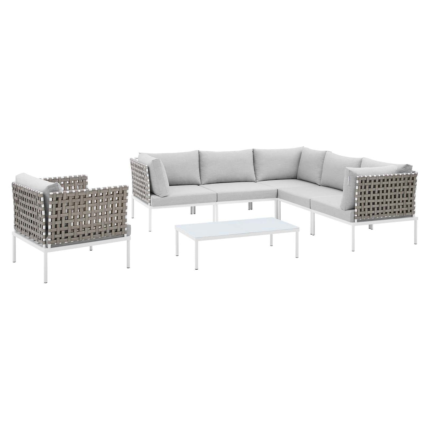 Harmony 7-Piece  Sunbrella® Basket Weave Outdoor Patio Aluminum Sectional Sofa Set Tan Gray EEI-4935-TAN-GRY-SET