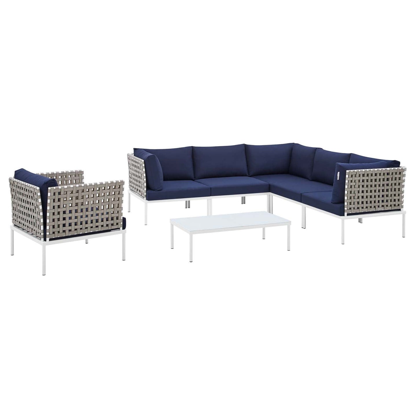 Harmony 7-Piece  Sunbrella® Basket Weave Outdoor Patio Aluminum Sectional Sofa Set Tan Navy EEI-4935-TAN-NAV-SET