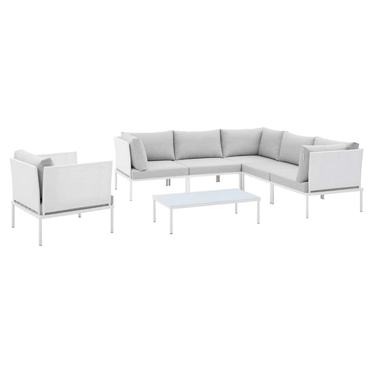 Harmony 7-Piece  Sunbrella® Outdoor Patio Aluminum Sectional Sofa Set White Gray EEI-4936-WHI-GRY-SET