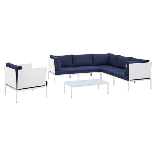 Harmony 7-Piece  Sunbrella® Outdoor Patio Aluminum Sectional Sofa Set White Navy EEI-4936-WHI-NAV-SET