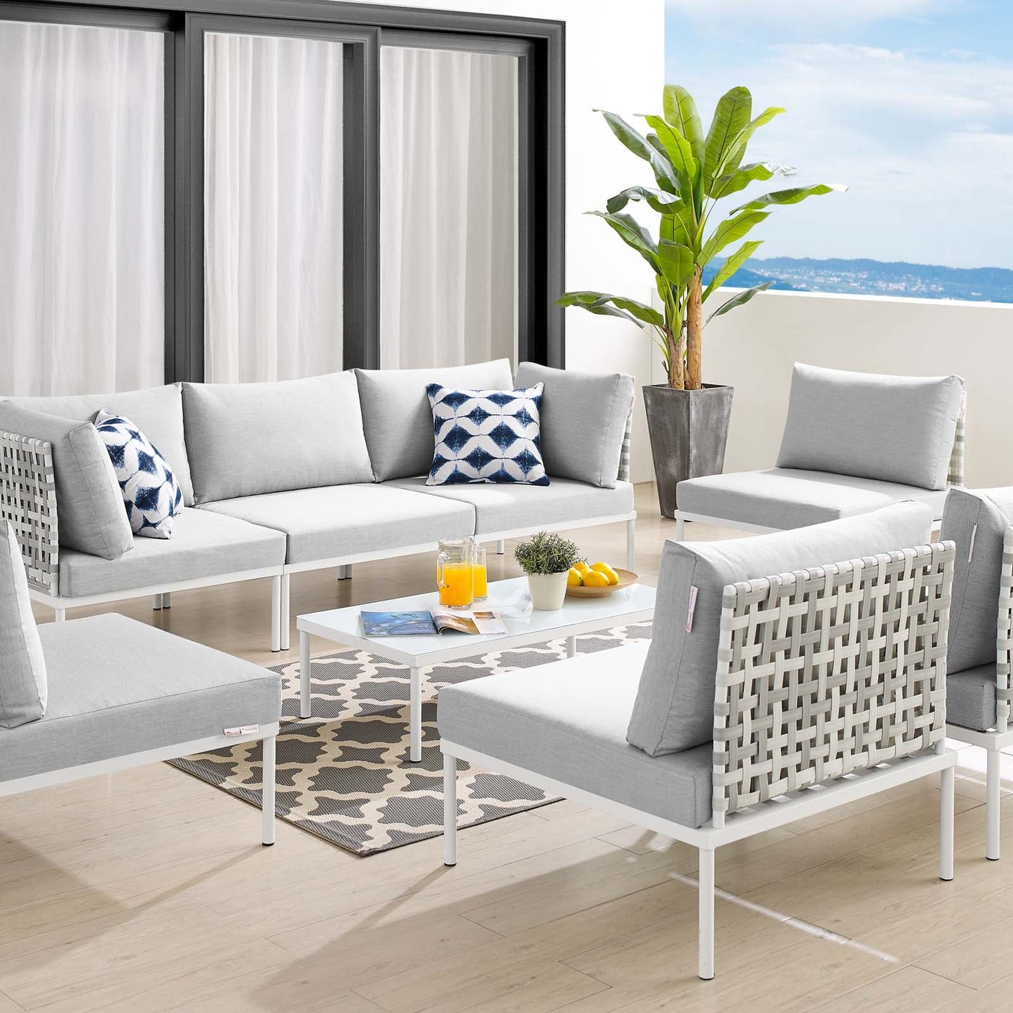 Harmony 8-Piece  Sunbrella® Basket Weave Outdoor Patio Aluminum Sectional Sofa Set Taupe Gray EEI-4938-TAU-GRY-SET