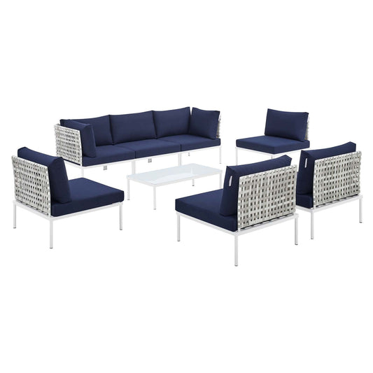 Harmony 8-Piece  Sunbrella® Basket Weave Outdoor Patio Aluminum Sectional Sofa Set Taupe Navy EEI-4938-TAU-NAV-SET