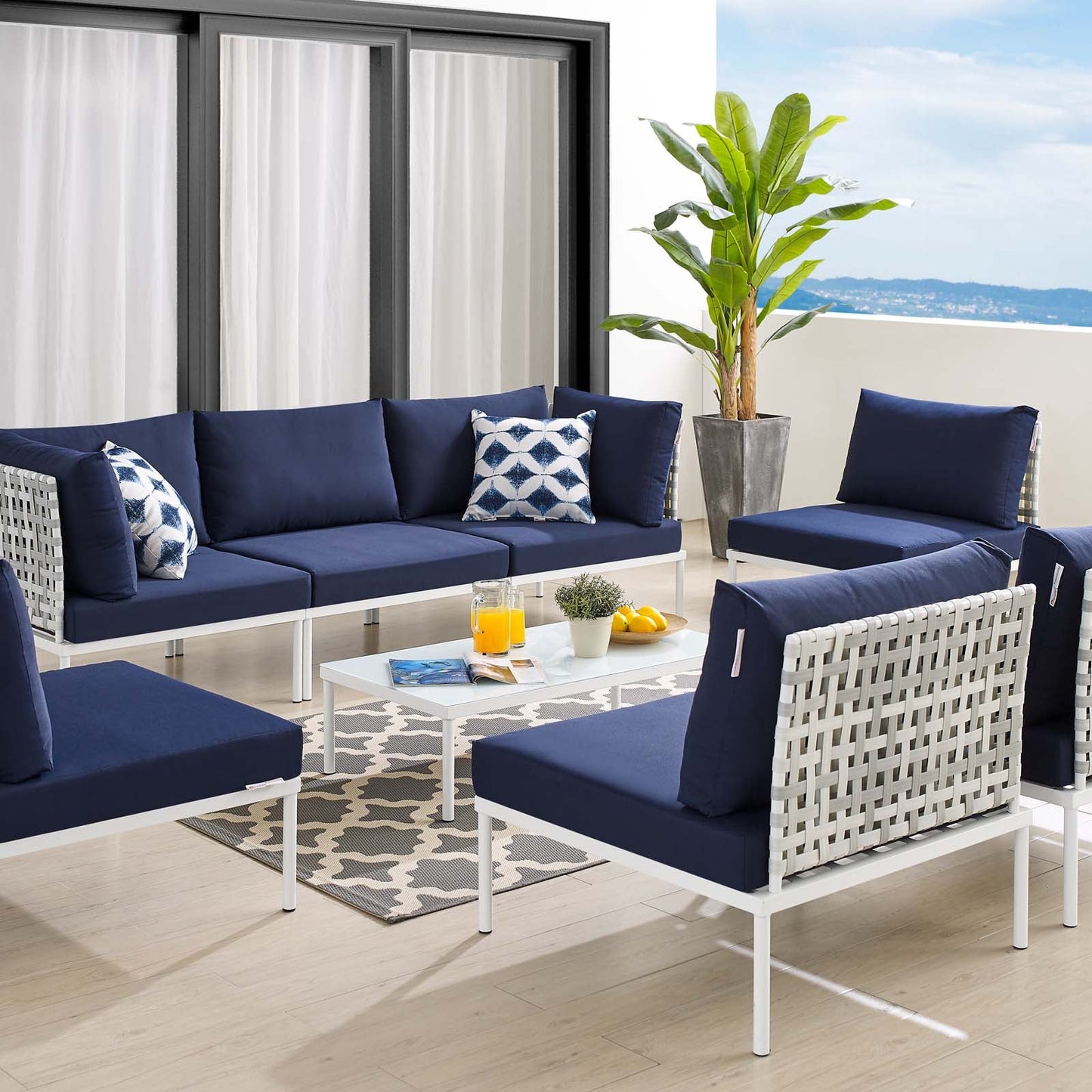 Harmony 8-Piece  Sunbrella® Basket Weave Outdoor Patio Aluminum Sectional Sofa Set Taupe Navy EEI-4938-TAU-NAV-SET