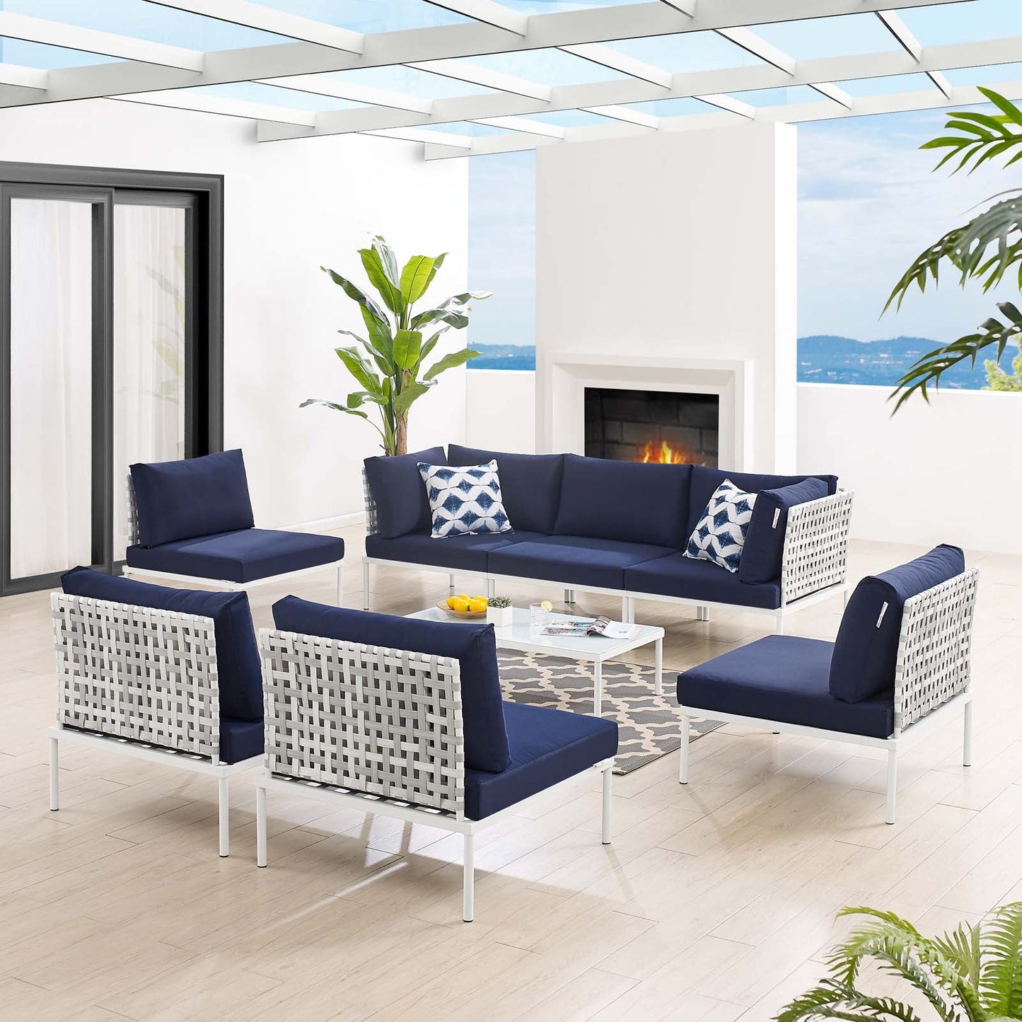 Harmony 8-Piece  Sunbrella® Basket Weave Outdoor Patio Aluminum Sectional Sofa Set Taupe Navy EEI-4938-TAU-NAV-SET