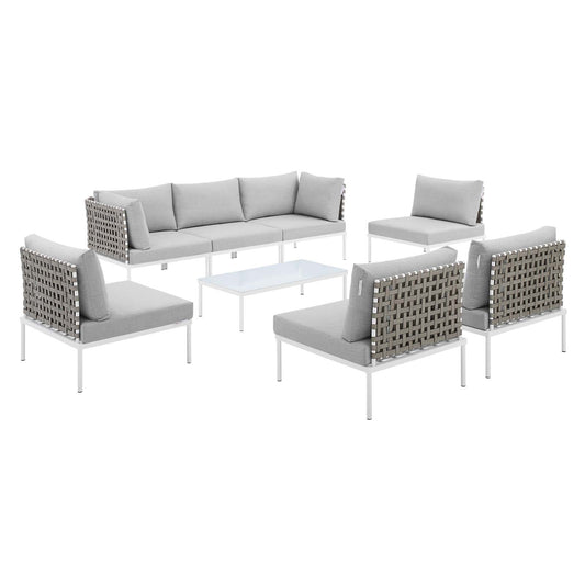 Harmony 8-Piece  Sunbrella® Basket Weave Outdoor Patio Aluminum Sectional Sofa Set Tan Gray EEI-4939-TAN-GRY-SET