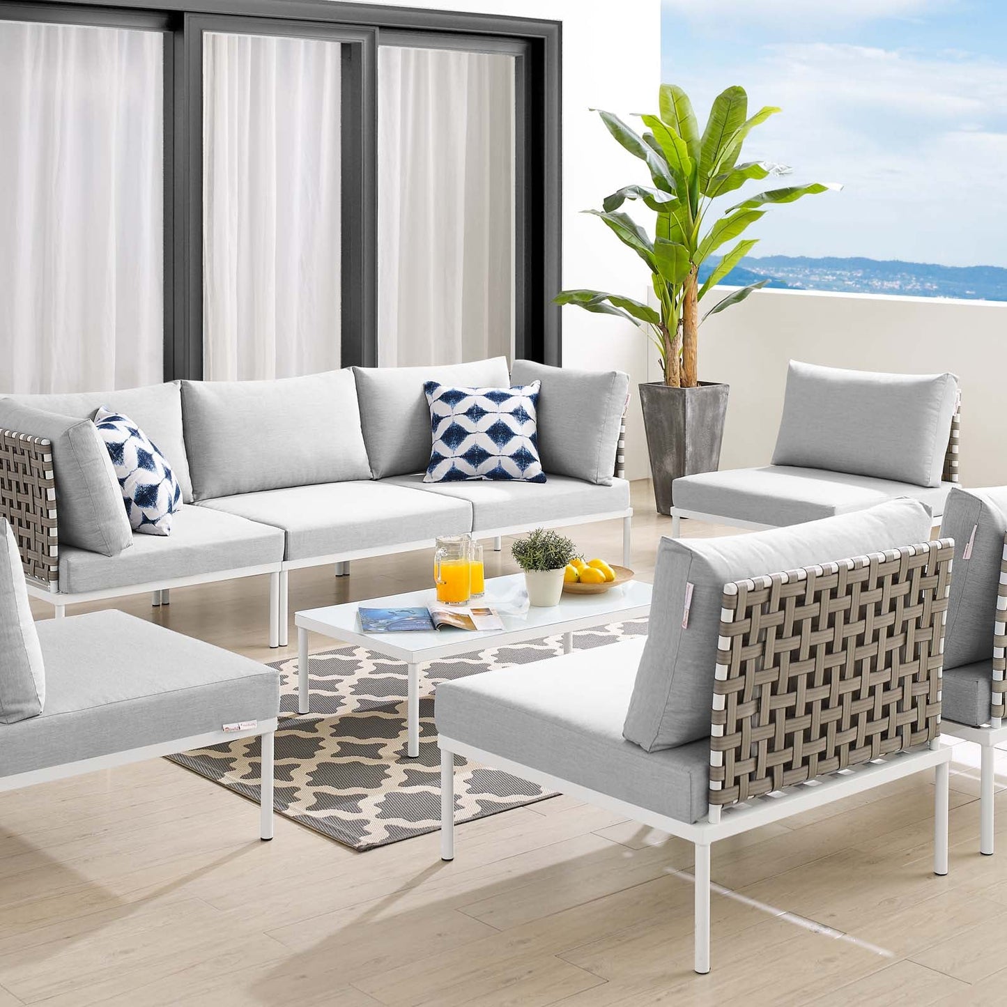 Harmony 8-Piece  Sunbrella® Basket Weave Outdoor Patio Aluminum Sectional Sofa Set Tan Gray EEI-4939-TAN-GRY-SET