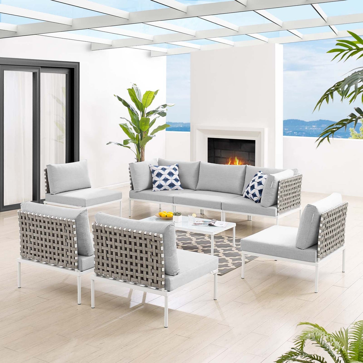 Harmony 8-Piece  Sunbrella® Basket Weave Outdoor Patio Aluminum Sectional Sofa Set Tan Gray EEI-4939-TAN-GRY-SET