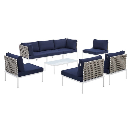 Harmony 8-Piece  Sunbrella® Basket Weave Outdoor Patio Aluminum Sectional Sofa Set Tan Navy EEI-4939-TAN-NAV-SET