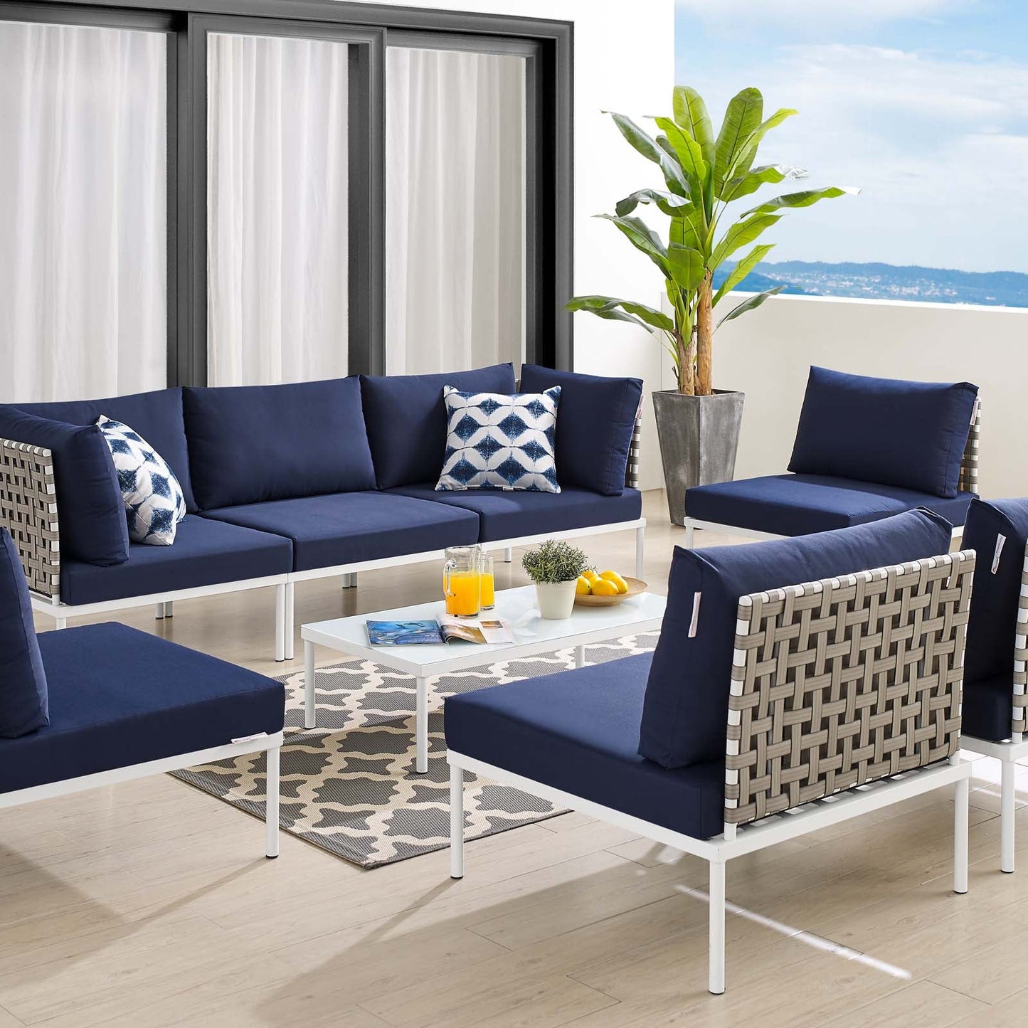 Harmony 8-Piece  Sunbrella® Basket Weave Outdoor Patio Aluminum Sectional Sofa Set Tan Navy EEI-4939-TAN-NAV-SET