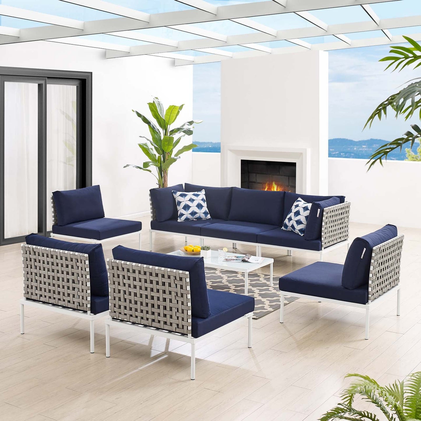 Harmony 8-Piece  Sunbrella® Basket Weave Outdoor Patio Aluminum Sectional Sofa Set Tan Navy EEI-4939-TAN-NAV-SET