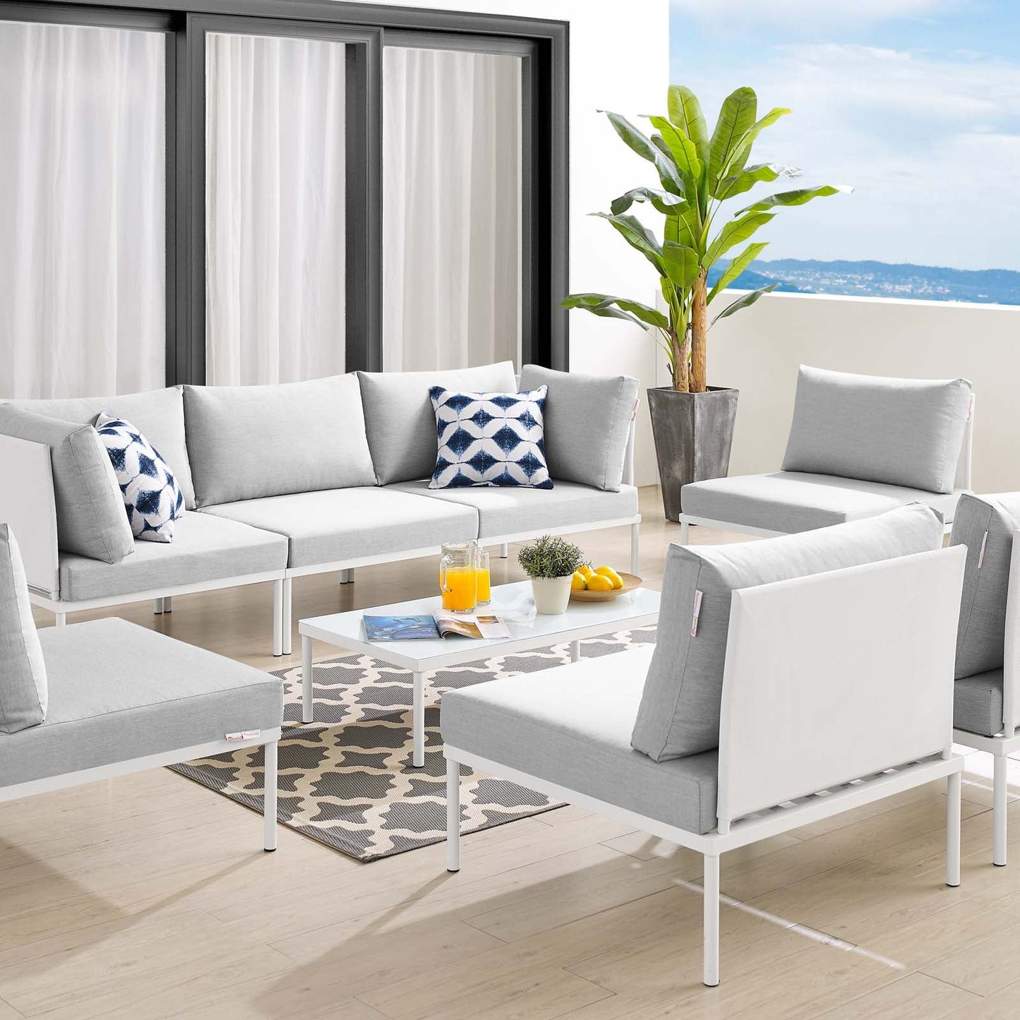 Harmony 8-Piece  Sunbrella® Outdoor Patio Aluminum Sectional Sofa Set White Gray EEI-4940-WHI-GRY-SET