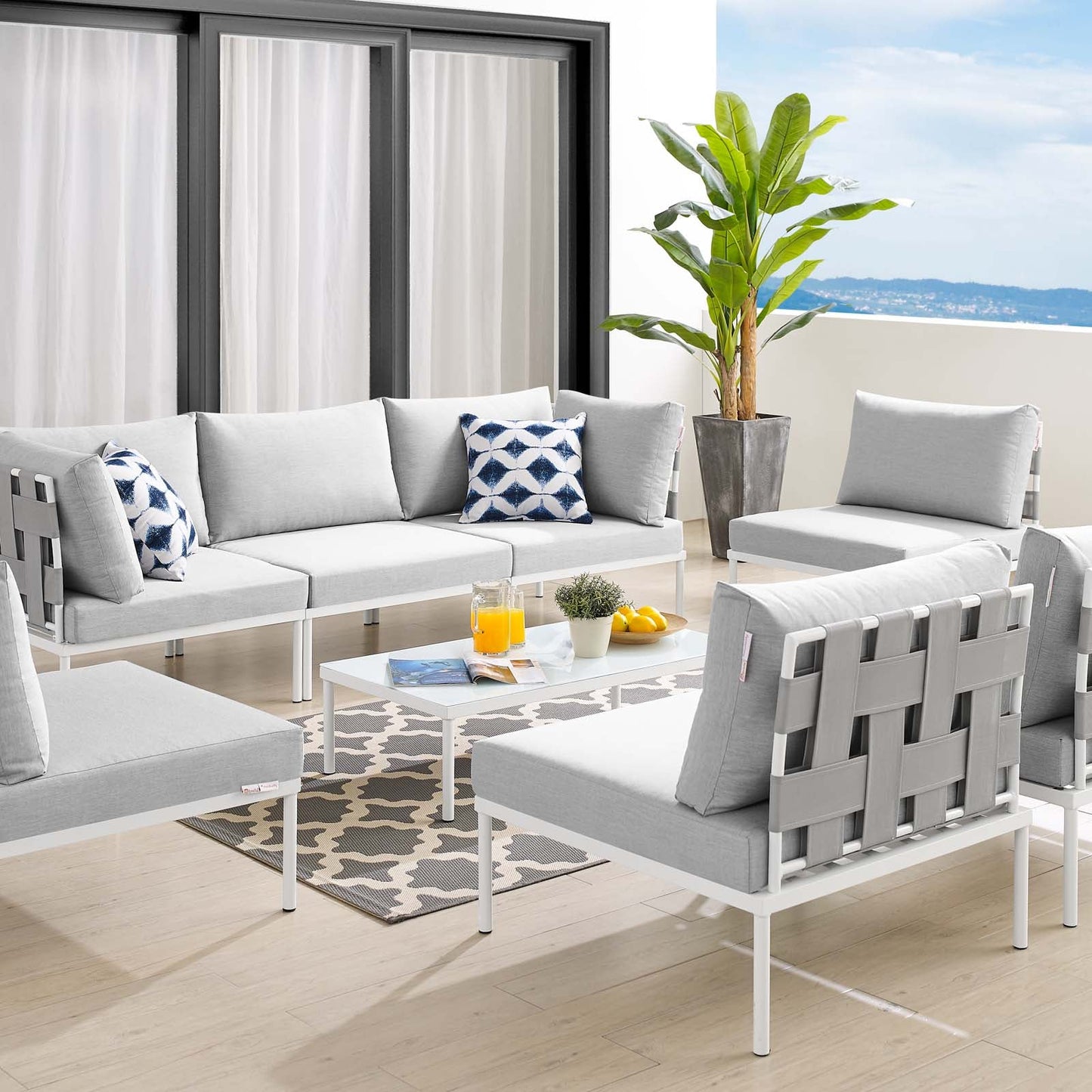 Harmony 8-Piece  Sunbrella® Outdoor Patio All Mesh Sectional Sofa Set Gray Gray EEI-4941-GRY-GRY-SET